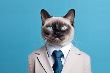 animal pet cat concept Anthromophic friendly cat kitten wearing suite formal business suit pretending to work in coporate workplace studio shot on plain color wall