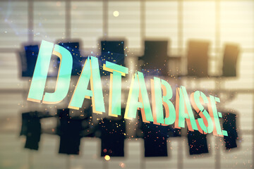 Wall Mural - double exposure of database word sign on a modern conference room background, global research and an