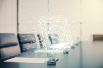 Wall Mural - Virtual creative artificial Intelligence hologram with human brain sketch on a modern conference room background. Multiexposure
