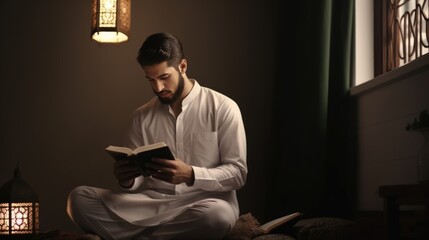 Wall Mural - A Muslim man in a white jumpsuit, reading a book in a dimly lit room.