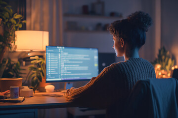  programmer is immersed in lines of code on his computer screen, illuminated only by the soft glow of a desk lamp