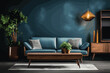 The interior has a sofa on empty dark wall background,3D rendering