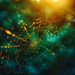 Morning dew on spider web, natures beauty in intricate pattern, macro photography of water drops, environmental and wildlife concept