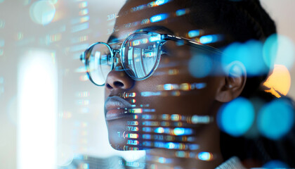 Programming, ai code and woman with focus, hologram and digital software with cyber security, futuristic and website development. Female, coder or trader with data analysis and security at night
