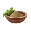 pile of finely dry organic fresh raw wood betony herb powder in wooden bowl png isolated on white background. bright colored of herbal, spice or seasoning recipes clipping path. selective focus