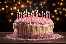 A Pink Birthday Cake With Lighted Candles