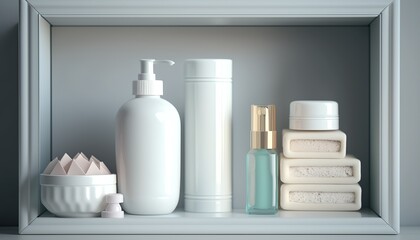Wall Mural - Bathroom shelf with different beauty cosmetic body care products, pastel colors package mockup. Indoor background.