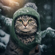 a cat in a knitted green hat with eyes like a frog sits in a snowy clearing in the forest, around a pine tree in the snow, snow is falling 