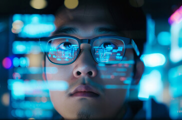 Programming, ai code and man with focus, hologram and digital software with cyber security, futuristic and website development. Male, coder or trader with data analysis and security at night
