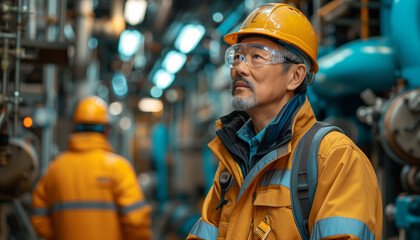 A cheerful industrial worker in safety helmet confidently with his team members blurred in the background.