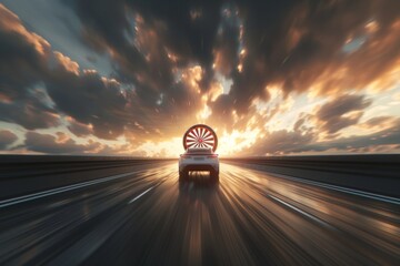 A 3D rendering of a futuristic car on a highway, directly aligned with a large target dartboard in the distance The scene captures the moment of focus and acceleration towards the goal, against