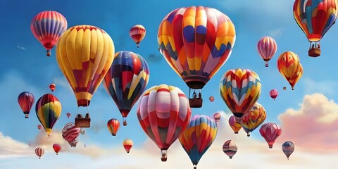  balloons in the sky multicolored colorful air balloons | Generative AI Many bright hot air balloons flying in sky, banner design

