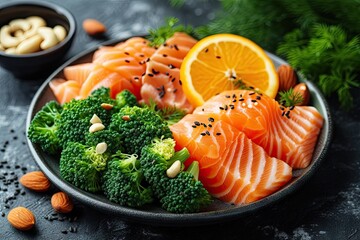 Wall Mural - Fresh salmon fillet with lemon and herbs healthy seafood meal. Delicious grilled salmon steak on plate with green vegetables and pepper. Gourmet dining with raw and cooked perfect for restaurant