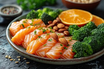 Wall Mural - Fresh salmon fillet with lemon and herbs healthy seafood meal. Delicious grilled salmon steak on plate with green vegetables and pepper. Gourmet dining with raw and cooked perfect for restaurant