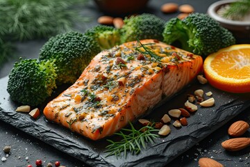 Wall Mural - Fresh salmon fillet with lemon and herbs healthy seafood meal. Delicious grilled salmon steak on plate with green vegetables and pepper. Gourmet dining with raw and cooked perfect for restaurant