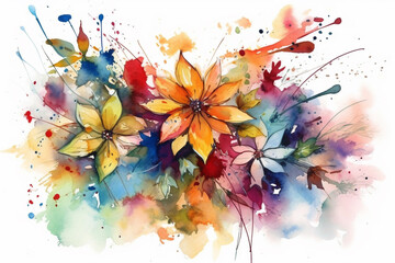 Wall Mural - Nature concept. Colorful flowers in watercolor drawing style and white background with copy space