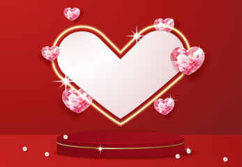 Wall Mural - Heart shaped gems and display stand on red background, suitable for Valentine's Day, Mother's Day, sales