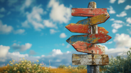 A rustic wooden post with weathered hand-painted direction signs against a blue sky