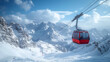 A red ski lift ascending the snow-covered mountains under a clear blue sky.