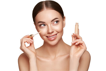 Wall Mural - portrait beautiful young woman with clean fresh skin. model with foundation makeup bottle. cosmetolo