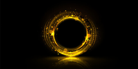 Wall Mural - golden glowing circle frame with glitter sparkle on black background. realistic vector illustration 
