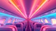 An abstract artistic blur of an airplane cabin with pulsating neon lights