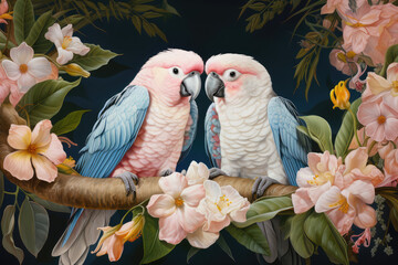 Wall Mural - Two parrots with wedding rings around their necks, nestled together on a tropical branch