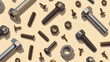 Screws, nuts, cogs, bolts pattern on a beige background.