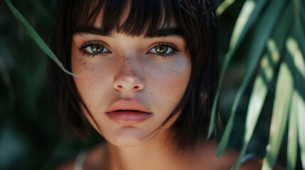 A mesmerizing portrait of a young woman with a chic bob cut and piercing dark hazel eyes. Her captivating gaze draws you in, revealing a mixture of confidence and mystery. Perfect for fashio