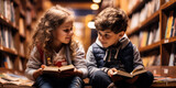 Fototapeta  - Two children lost in the world of books: a young boy and girl sitting on the floor, engrossed in reading at a cozy bookstore
