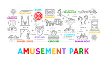 Line Amusement Park, Carnival Fun Fair Or Funfair Attractions. Vector Outline Carousel, Hot Air Balloon And Horse Carriage, Ticket, Darts And Bowling, Slingshot And Aerotube, Fairground Entertainment