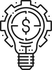 Poster - Fintech innovation, blockchain technology, cryptocurrency startup idea thin line icon. Business startup, online commerce and finance fintech linear vector icon with cogwheel, lamp bulb and dollar sign