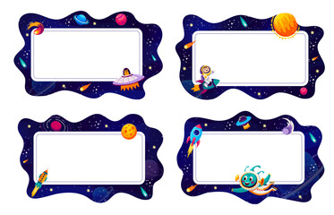 Wall Mural - cartoon frames with galaxy space landscape and funny characters of kid astronaut and alien. vector f
