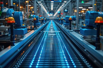 Wall Mural - Modern industrial factory with automated machinery and conveyor belts for manufacturing and transportation. Blue steel machinery and equipment in empty warehouse modern production technology