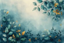 Botanical Abstract Green, Blue, Gold Banner For Decoration, Printing, Wallpaper, Textiles, Interior Design Luxury Watercolor Art Background With Golden Leaves And Flowers In Line Art Style.