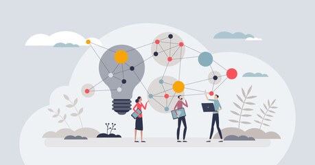 Wall Mural - Virtual brainstorming and digital business teamwork tiny person concept. Online meeting and thinking creative ideas for company vector illustration. Use internet technology for distant communication.