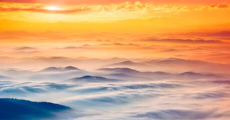 Sticker - Mountain cloud and foggy at morning time with orange sky