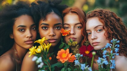 Poster - A group of women standing next to each other holding flowers