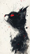 A painting of a black and white cat with red eyes