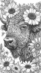 Wall Mural - A cow surrounded by flowers and sunflowers