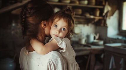 A woman holding a little girl in a kitchen