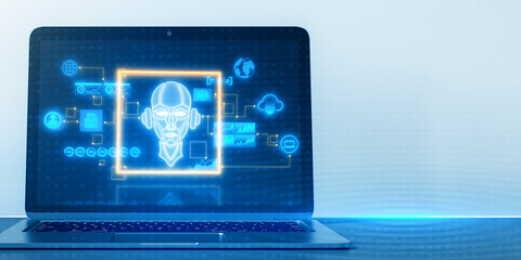 Canvas Print - Close up of laptop with glowing ai hologram with icons and robot on light blue background with mock up place. Chat GPT and innovation concept. 3D Rendering.