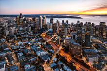 Aerial View Of City Downtown Skyline At Dusk, Seattle, United States