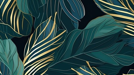  Botanical abstract green, blue, gold banner for decoration, printing, wallpaper, textiles, interior design Luxury watercolor art background with golden leaves and flowers in line art style.