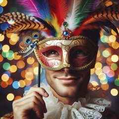 Carnival partyvenetian mask with colorful and abstract defocused bokeh lights