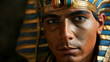 Male pharaoh wearing headdress featuring blue and gold stripes, traditional Egyptian eye makeup, capturing the regal essence of ancient Egyptian royalty.