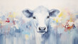 portrait of a cow, art work painting in impressionism style, light background white and blue shade design, background copy space