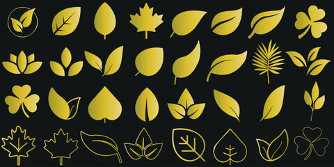 Wall Mural - green leaves vector icons on a black background, diverse leaf shapes and types, perfect for eco-frie