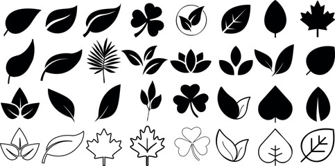 Wall Mural - Leaf silhouettes, vector collection, diverse leaves shapes, nature elements. Ideal for eco friendly brand aesthetics, botanical illustrations, educational materials, artistic designs, decorations.