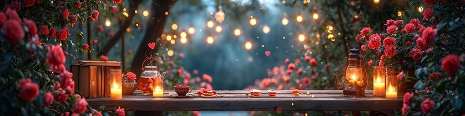 Poster - A wooden table topped with candles and flowers